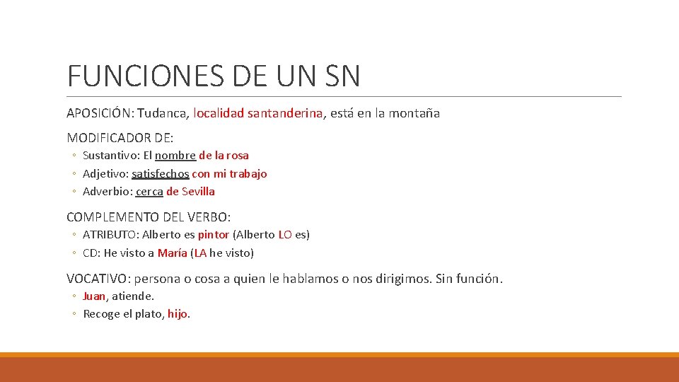 FUNCIONES DE UN SN APOSICIÓN: Tudanca, localidad santanderina, está en la montaña MODIFICADOR DE: