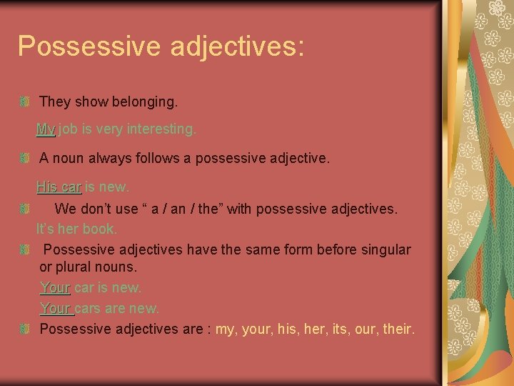 Possessive adjectives: They show belonging. My job is very interesting. A noun always follows