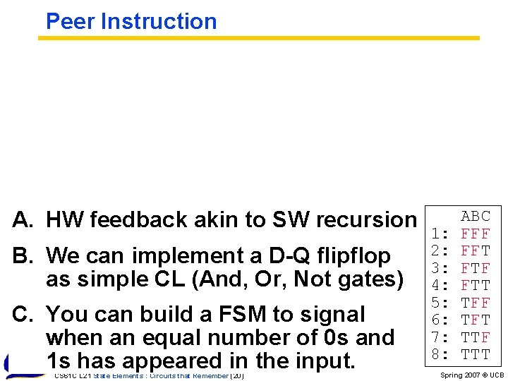 Peer Instruction A. HW feedback akin to SW recursion B. We can implement a