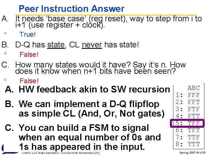 Peer Instruction Answer A. It needs ‘base case’ (reg reset), way to step from