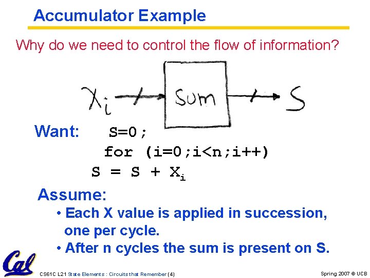 Accumulator Example Why do we need to control the flow of information? Want: S=0;