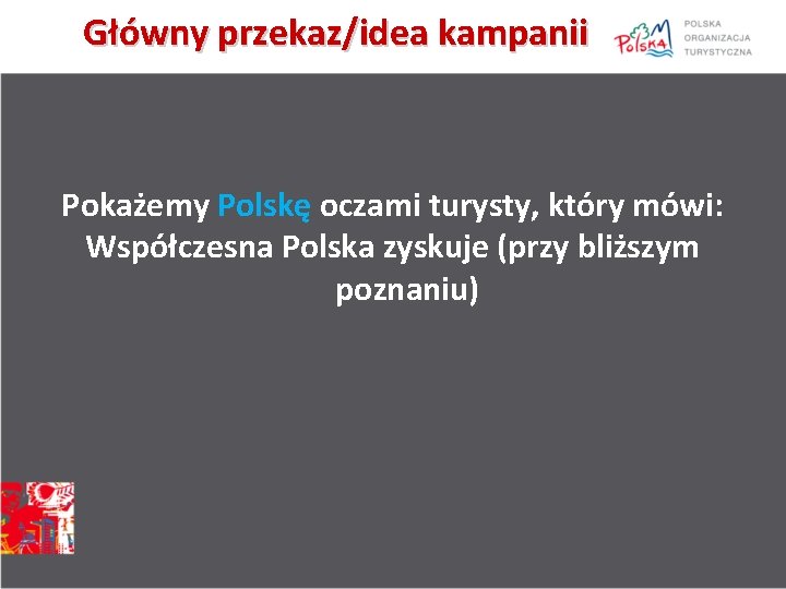 Główny przekaz/idea kampanii Pokażemy Polskę oczami turysty, który mówi: Współczesna Polska zyskuje (przy bliższym
