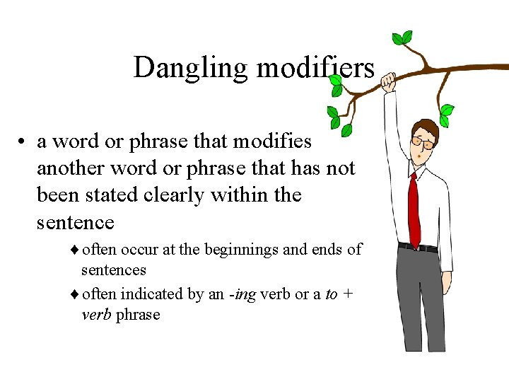 Dangling modifiers • a word or phrase that modifies another word or phrase that