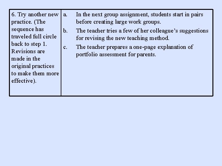 6. Try another new a. practice. (The sequence has b. traveled full circle back