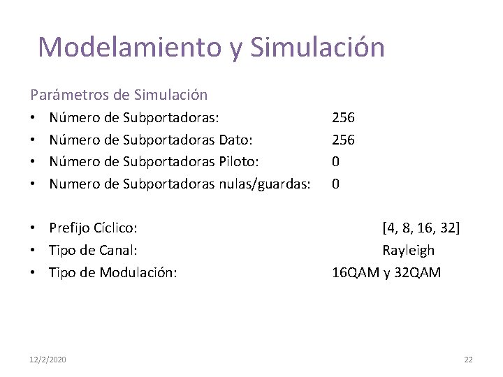  Modelamiento y Simulación Parámetros de Simulación • • Número de Subportadoras: Número de