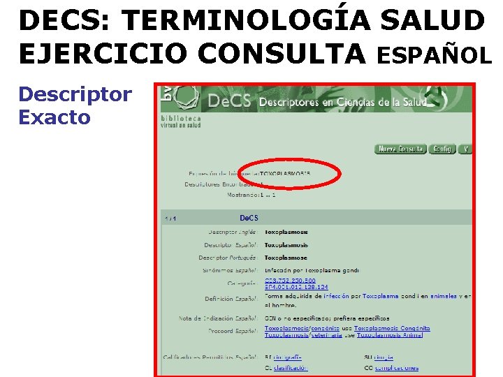 DECS: TERMINOLOGÍA SALUD EJERCICIO CONSULTA ESPAÑOL Descriptor Exacto 