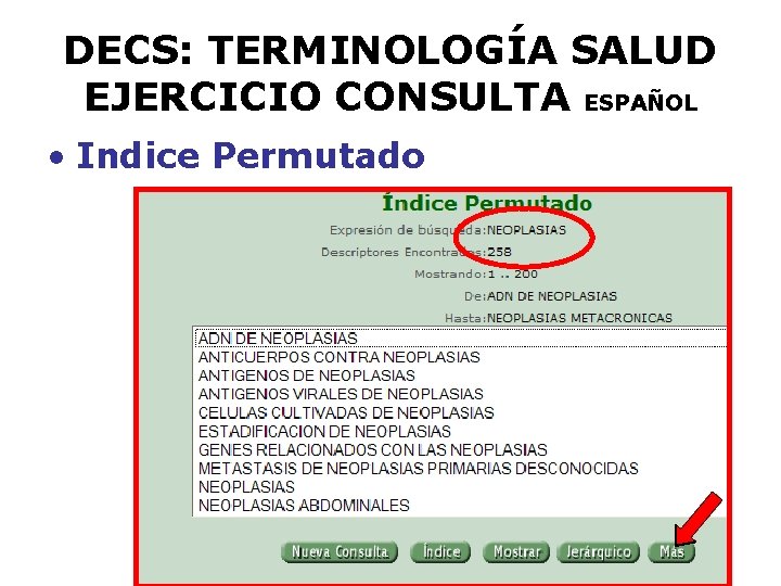 DECS: TERMINOLOGÍA SALUD EJERCICIO CONSULTA ESPAÑOL • Indice Permutado 