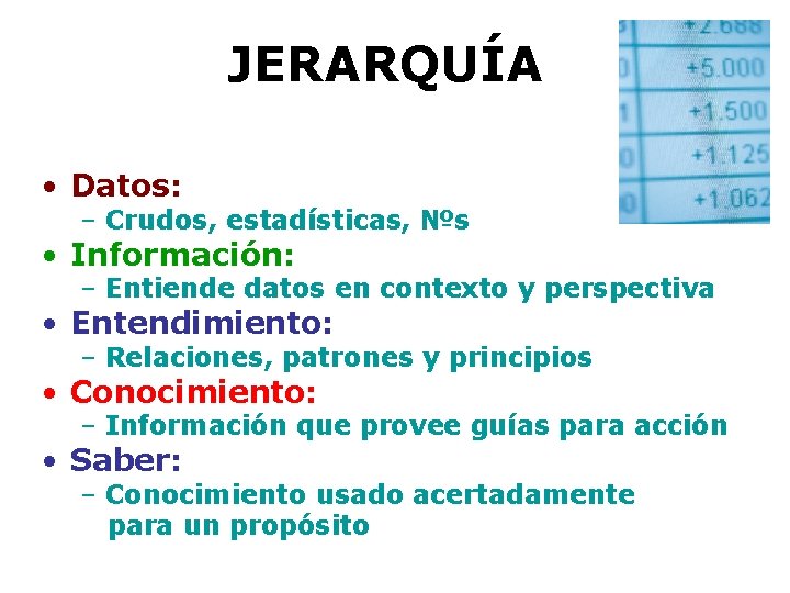 JERARQUÍA • Datos: – Crudos, estadísticas, №s • Información: – Entiende datos en contexto