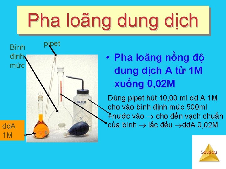 Pha loãng dung dịch Bình định mức dd. A 1 M pipet • Pha