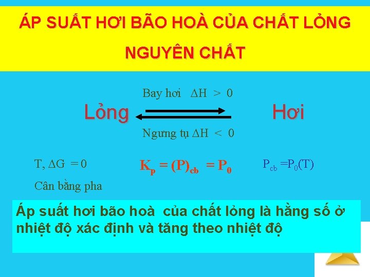 ÁP SUẤT HƠI BÃO HOÀ CỦA CHẤT LỎNG NGUYÊN CHẤT Bay hơi H >