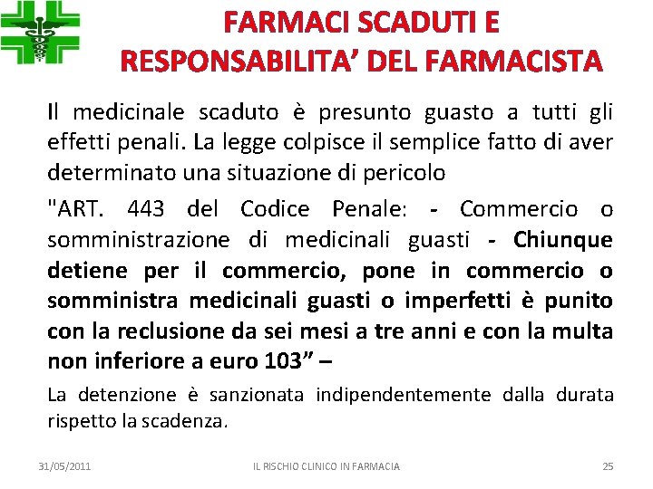 FARMACI SCADUTI E RESPONSABILITA’ DEL FARMACISTA Il medicinale scaduto è presunto guasto a tutti