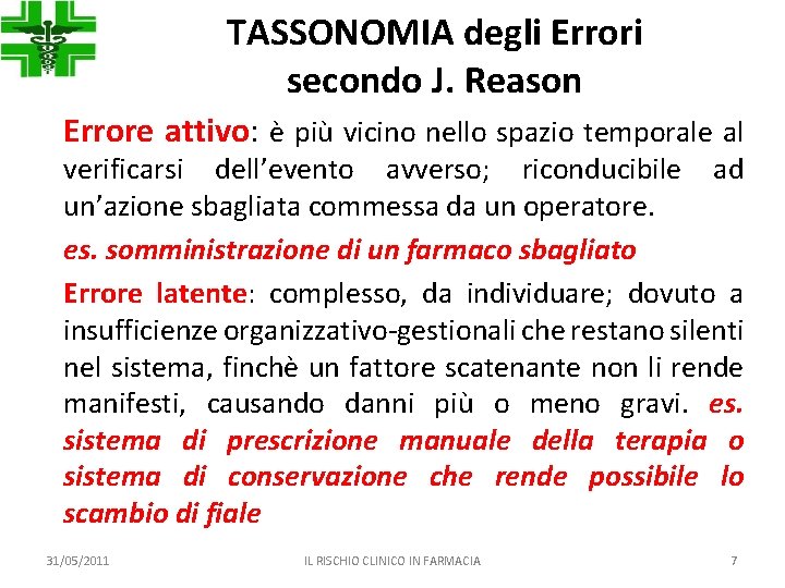 TASSONOMIA degli Errori secondo J. Reason Errore attivo: è più vicino nello spazio temporale