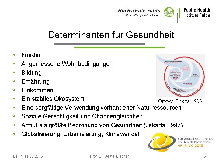 Determinanten für Gesundheit • • • Frieden Angemessene Wohnbedingungen Bildung Ernährung Einkommen Ein stabiles