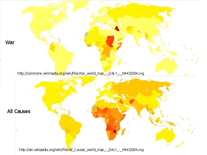 War http: //commons. wikimedia. org/wiki/File: War_world_map_-_DALY_-_WHO 2004. svg All Causes http: //en. wikipedia. org/wiki/File: