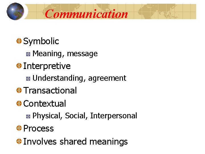 Communication Symbolic Meaning, message Interpretive Understanding, agreement Transactional Contextual Physical, Social, Interpersonal Process Involves