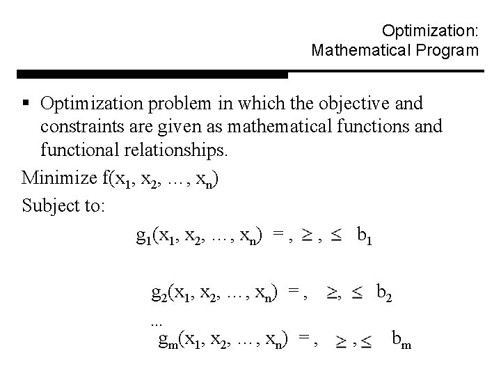 Optimization: Mathematical Program § Optimization problem in which the objective and constraints are given