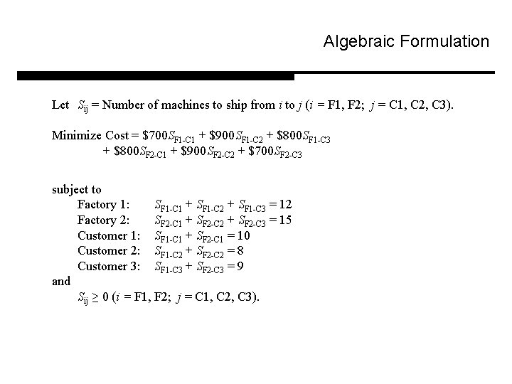 Algebraic Formulation Let Sij = Number of machines to ship from i to j