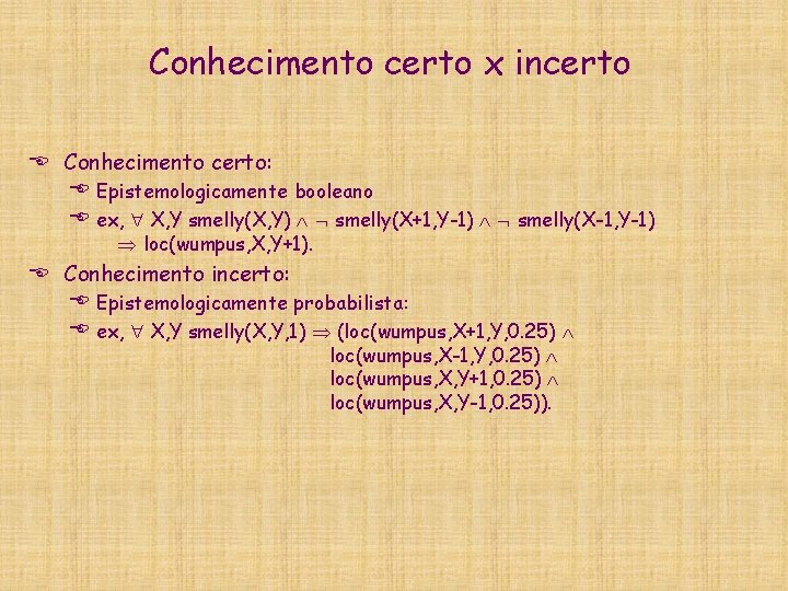 Conhecimento certo x incerto E Conhecimento certo: E Epistemologicamente booleano E ex, X, Y