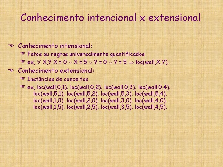 Conhecimento intencional x extensional E Conhecimento intensional: E Fatos ou regras universalmente quantificados E