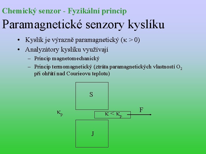 Chemický senzor - Fyzikální princip Paramagnetické senzory kyslíku • Kyslík je výrazně paramagnetický (