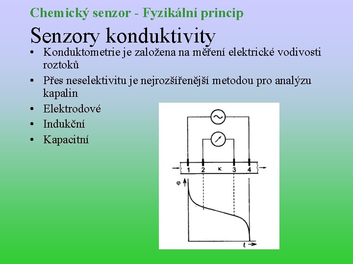 Chemický senzor - Fyzikální princip Senzory konduktivity • Konduktometrie je založena na měření elektrické