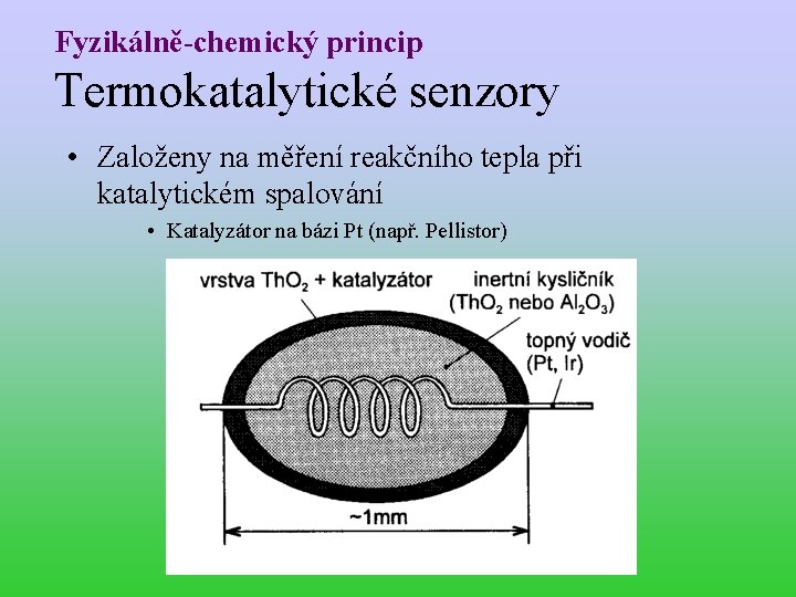 Fyzikálně-chemický princip Termokatalytické senzory • Založeny na měření reakčního tepla při katalytickém spalování •