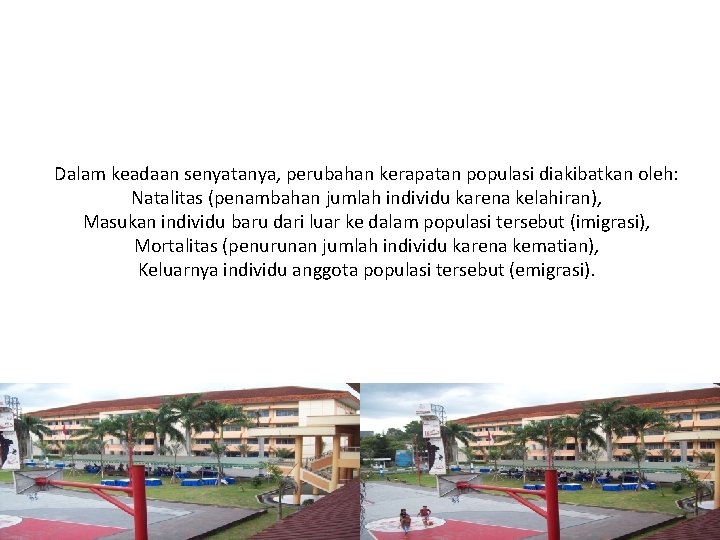 Dalam keadaan senyatanya, perubahan kerapatan populasi diakibatkan oleh: Natalitas (penambahan jumlah individu karena kelahiran),
