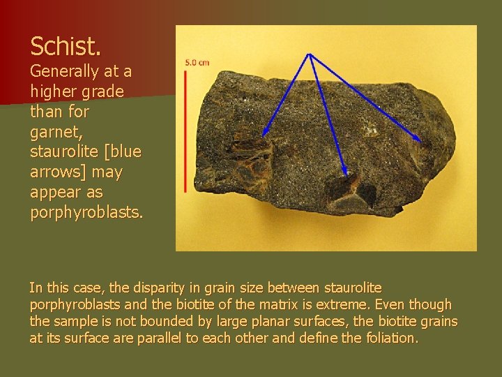 Schist. Generally at a higher grade than for garnet, staurolite [blue arrows] may appear