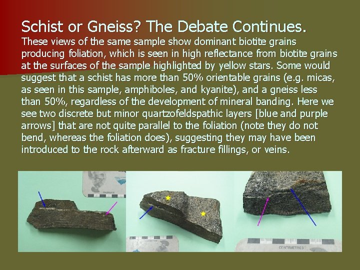 Schist or Gneiss? The Debate Continues. These views of the sample show dominant biotite