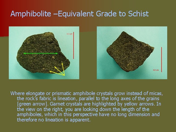 Amphibolite –Equivalent Grade to Schist Where elongate or prismatic amphibole crystals grow instead of