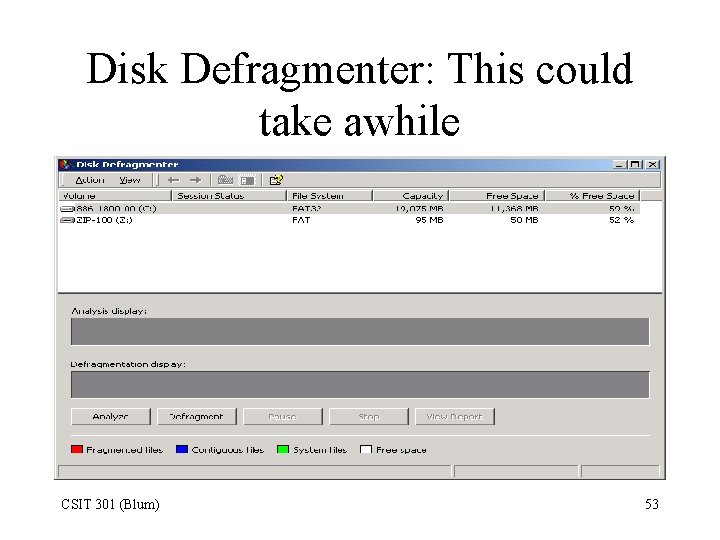 Disk Defragmenter: This could take awhile CSIT 301 (Blum) 53 