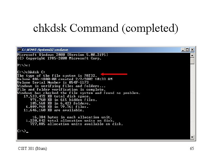 chkdsk Command (completed) CSIT 301 (Blum) 65 