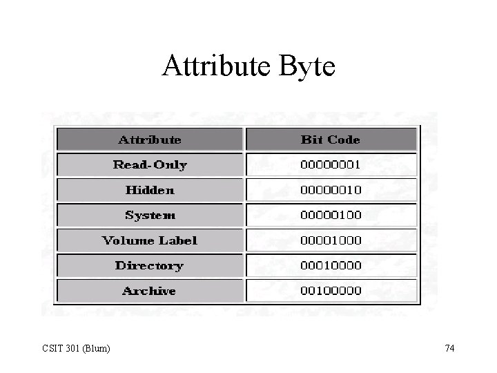 Attribute Byte CSIT 301 (Blum) 74 