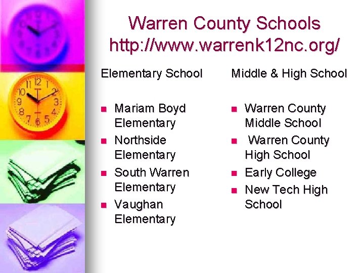 Warren County Schools http: //www. warrenk 12 nc. org/ Elementary School n n Mariam