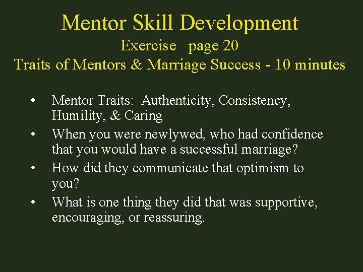 Mentor Skill Development Exercise page 20 Traits of Mentors & Marriage Success - 10