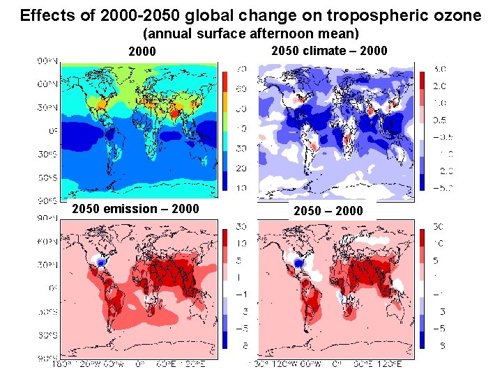 Effects of 2000 -2050 global change on tropospheric ozone (annual surface afternoon mean) 2000