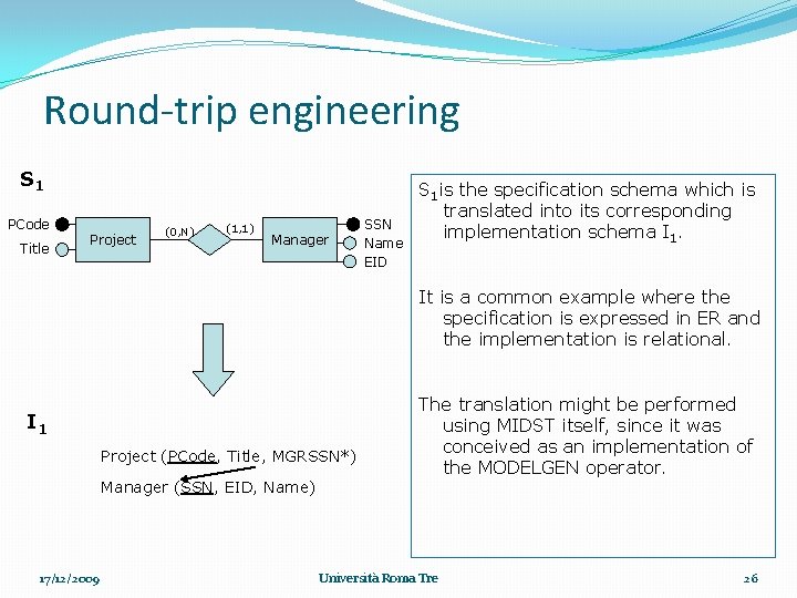 Round-trip engineering S 1 PCode Title Project (0, N) (1, 1) Manager SSN Name