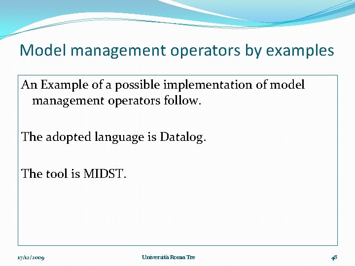Model management operators by examples An Example of a possible implementation of model management