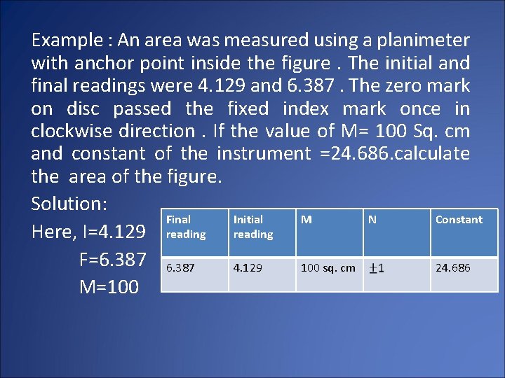 Example : An area was measured using a planimeter with anchor point inside the