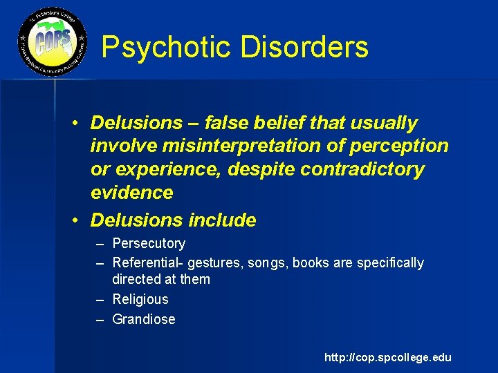 Psychotic Disorders • Delusions – false belief that usually involve misinterpretation of perception or