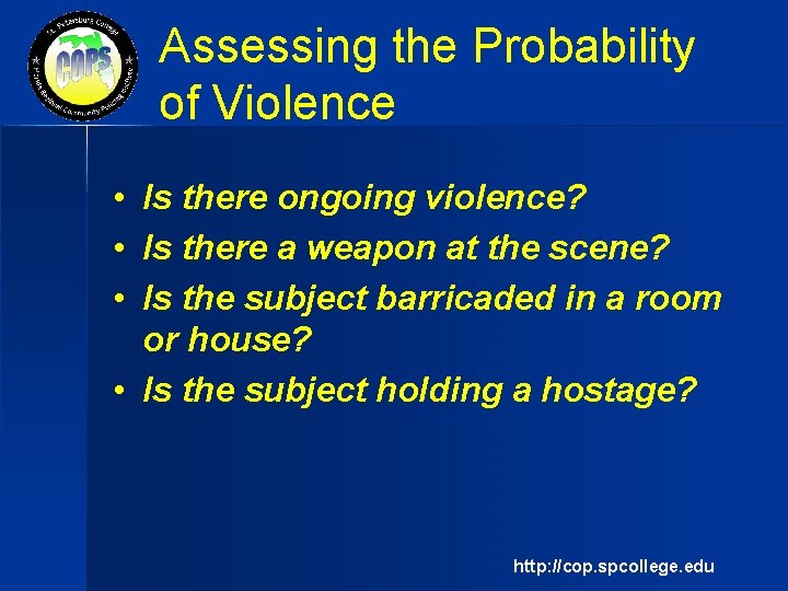 Assessing the Probability of Violence • Is there ongoing violence? • Is there a