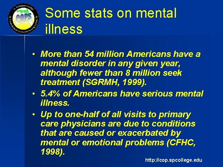 Some stats on mental illness • More than 54 million Americans have a mental