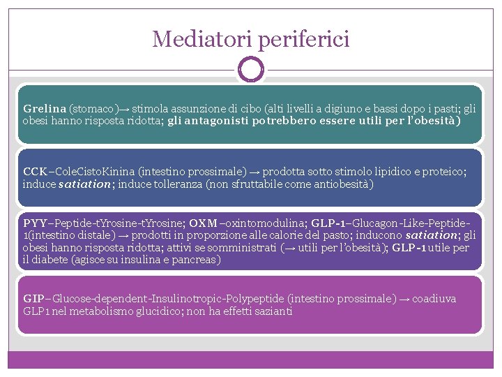 Mediatori periferici Grelina (stomaco)→ stimola assunzione di cibo (alti livelli a digiuno e bassi