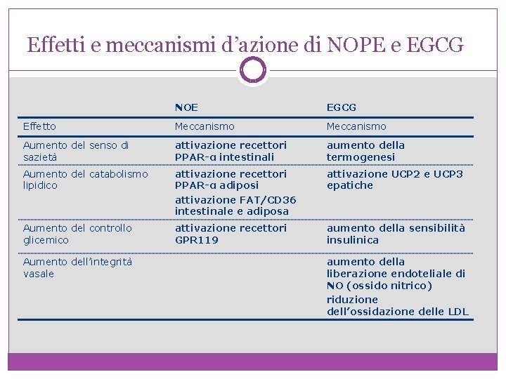 Effetti e meccanismi d’azione di NOPE e EGCG NOE EGCG Effetto Meccanismo Aumento del