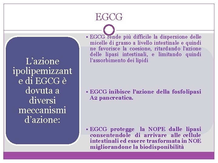 EGCG L’azione ipolipemizzant e di EGCG è dovuta a diversi meccanismi d’azione: • EGCG