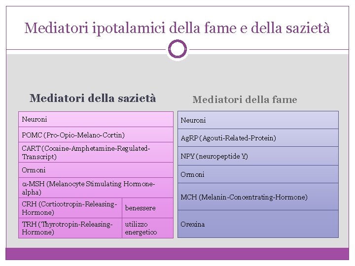 Mediatori ipotalamici della fame e della sazietà Mediatori della fame Neuroni POMC (Pro-Opio-Melano-Cortin) Ag.