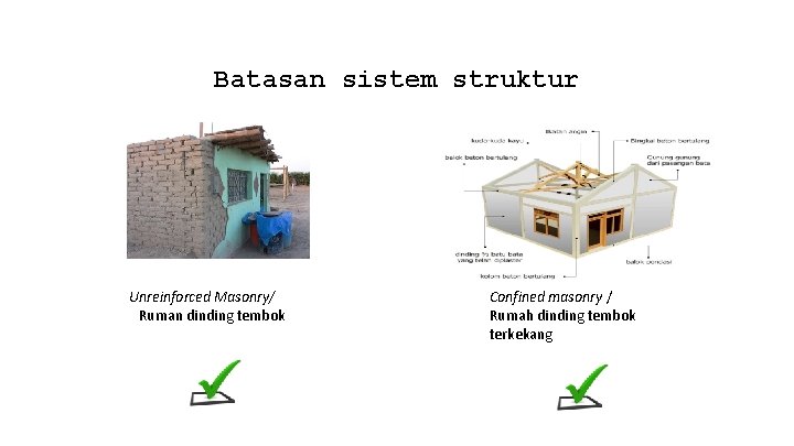 Batasan sistem struktur Unreinforced Masonry/ Ruman dinding tembok Confined masonry / Rumah dinding tembok