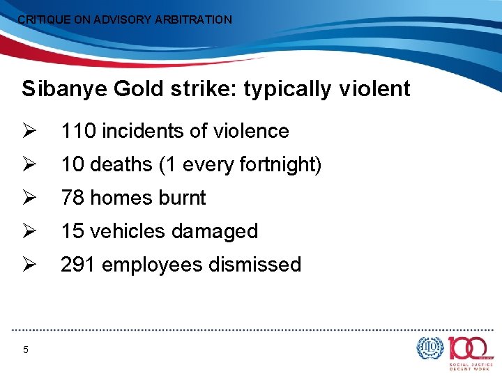 CRITIQUE ON ADVISORY ARBITRATION Sibanye Gold strike: typically violent Ø 110 incidents of violence