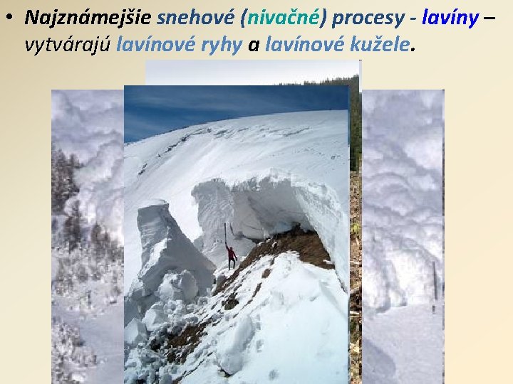  • Najznámejšie snehové (nivačné) procesy - lavíny – vytvárajú lavínové ryhy a lavínové