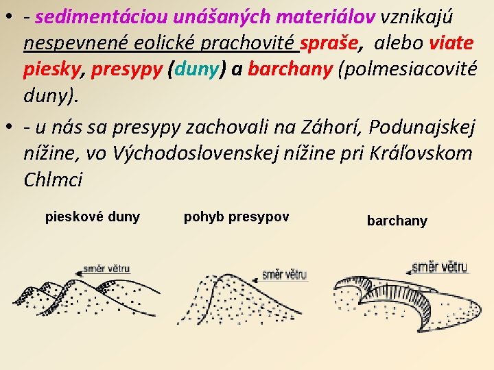  • - sedimentáciou unášaných materiálov vznikajú nespevnené eolické prachovité spraše, alebo viate piesky,